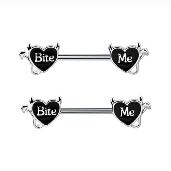Bite Me naughty barbell nipple rings pair 14g stainless steel black silver heart - Picture 1 of 4